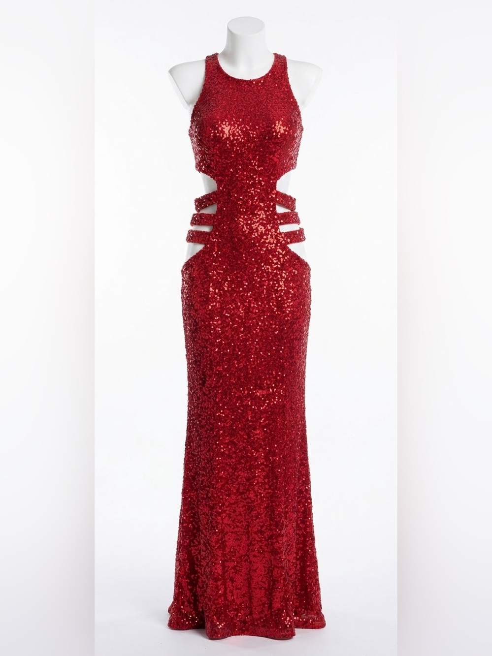 Faviana Red Sequin High Neck Strappy Cutout Open Back Mermaid Gown 7946 Sz 6
